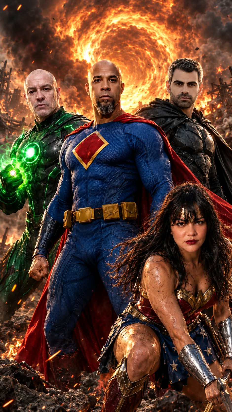 Photorealistic Four-Hero Apocalypse Movie Poster