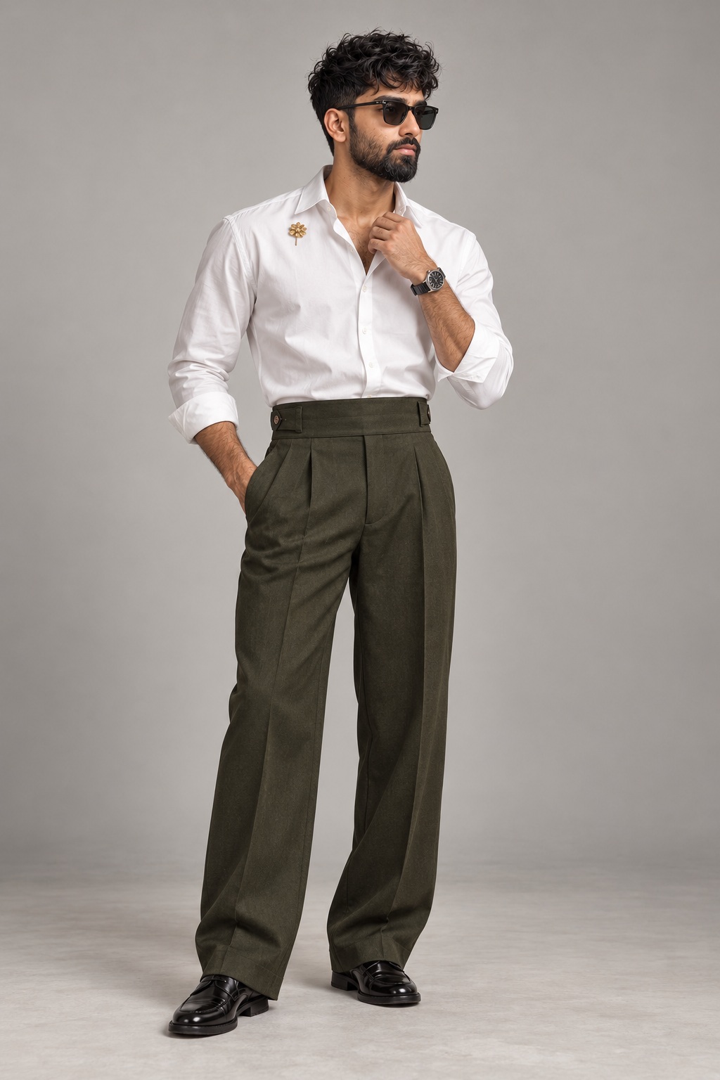 Olive High-Waisted Trousers and Gold Flower Pin