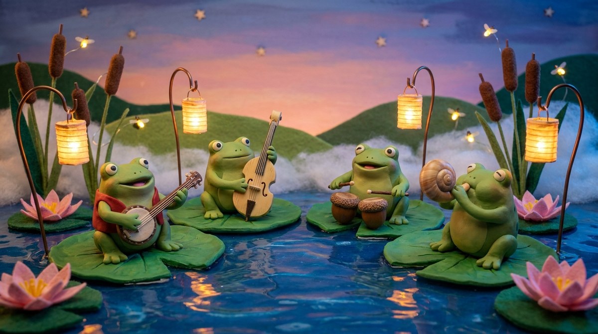 Claymation Diorama of a Frog Band Playing on Lily Pads at Dusk output 1