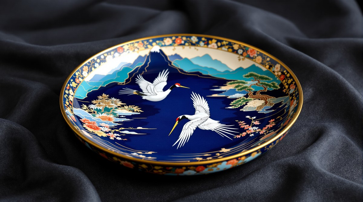 Cloisonné Enamel Dish of Two Cranes Over a Mountain Lake