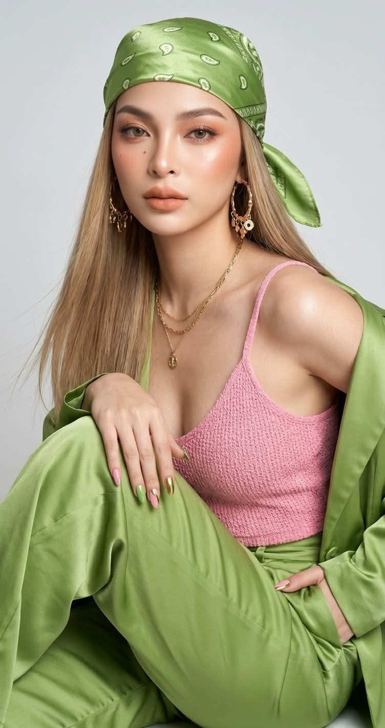 High-Fashion Apple-Green Satin Studio Portrait output 9