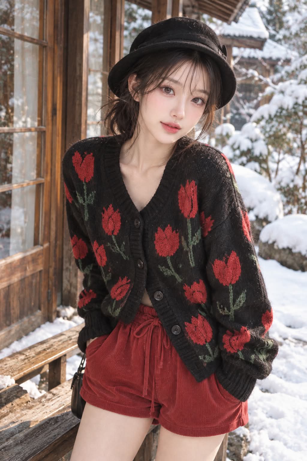 Woman in a Tulip Cardigan on a Snowy Porch