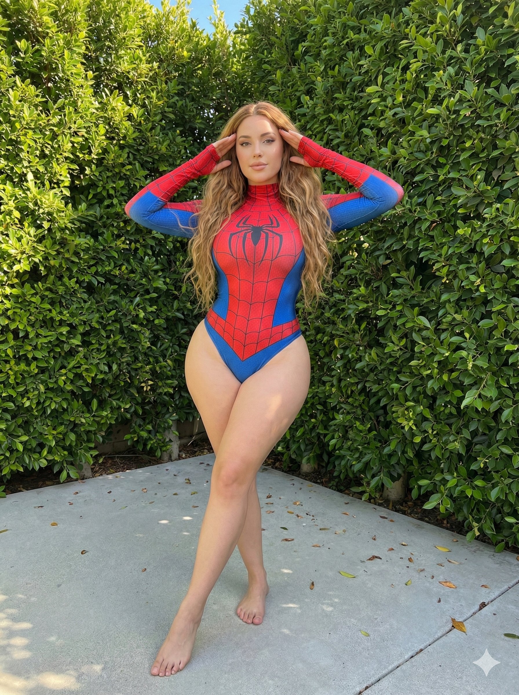 Photorealistic Outdoor Portrait in a Spider-Themed Bodysuit output 1
