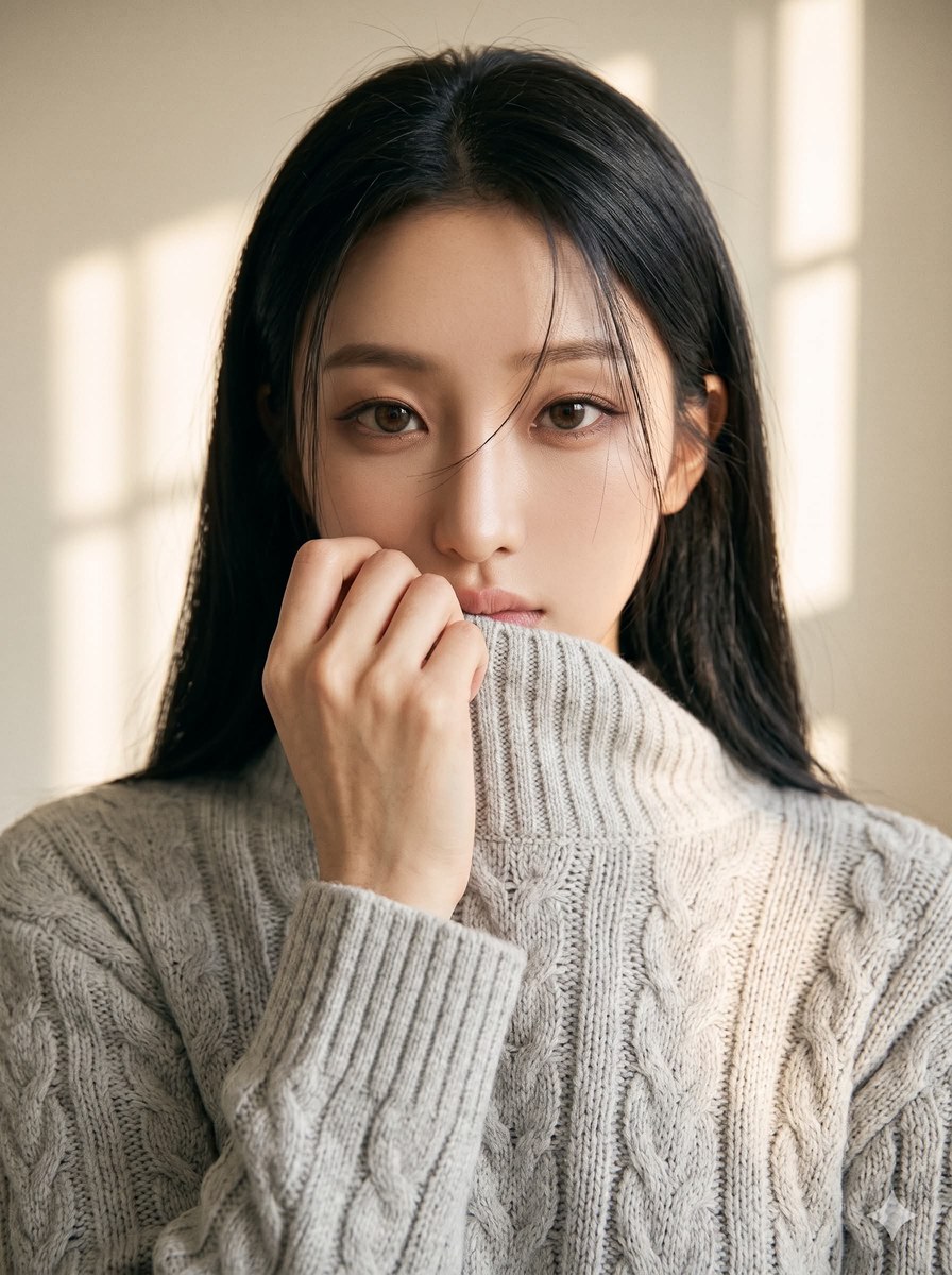 Warm Knitwear Portrait with a Messy Bun