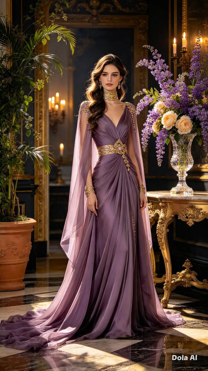 Woman in a Dusty Purple Gown in a Candlelit Interior output 3
