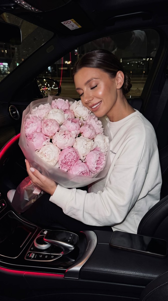 Evening Car Portrait with Pink and White Peonies
