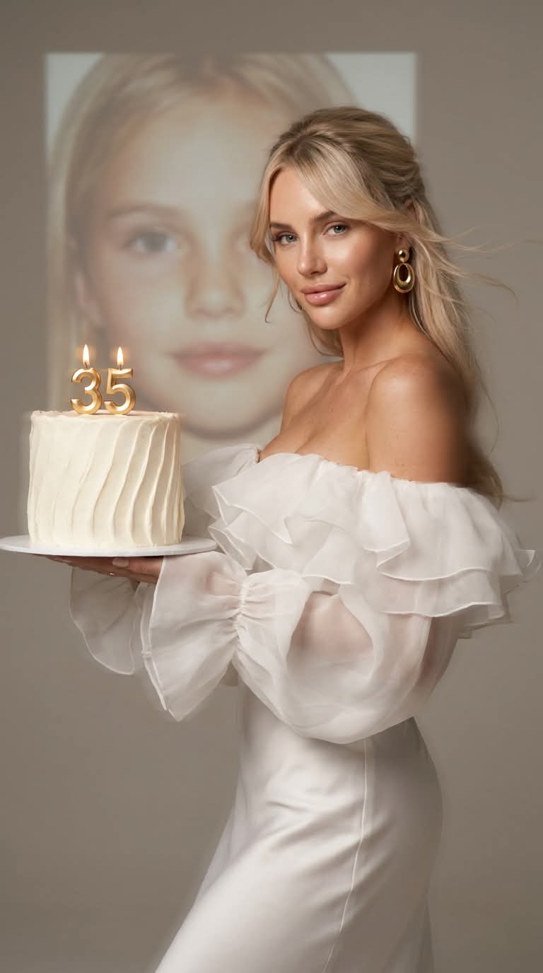 Cinematic Birthday Portrait with a Projected Childhood Photo