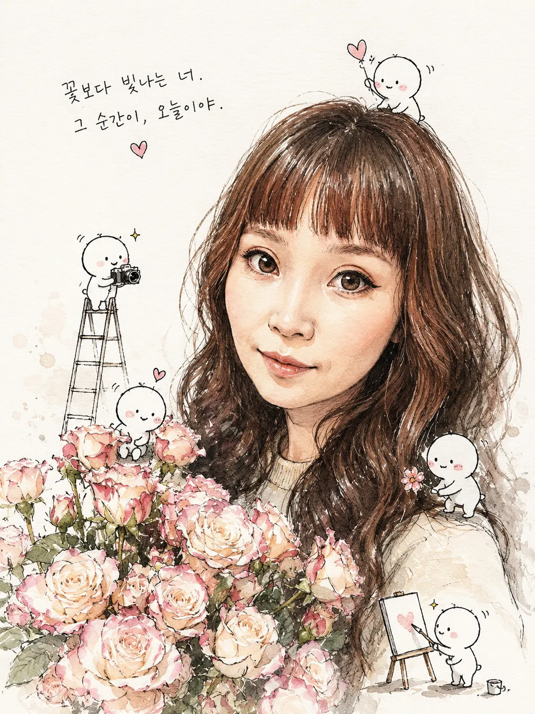 Whimsical Watercolor-Ink Portrait with Doodle Companions