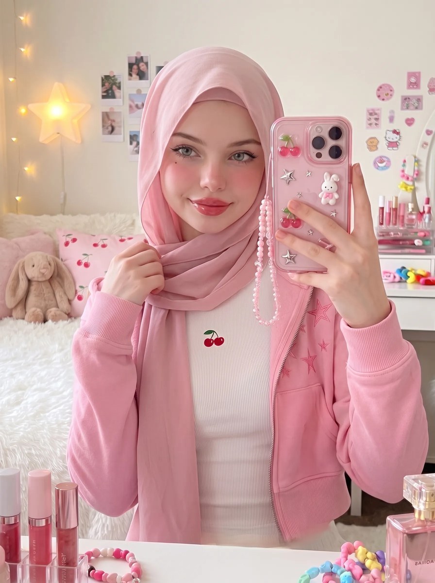 Pink Hijab Bedroom Mirror Selfie output 3