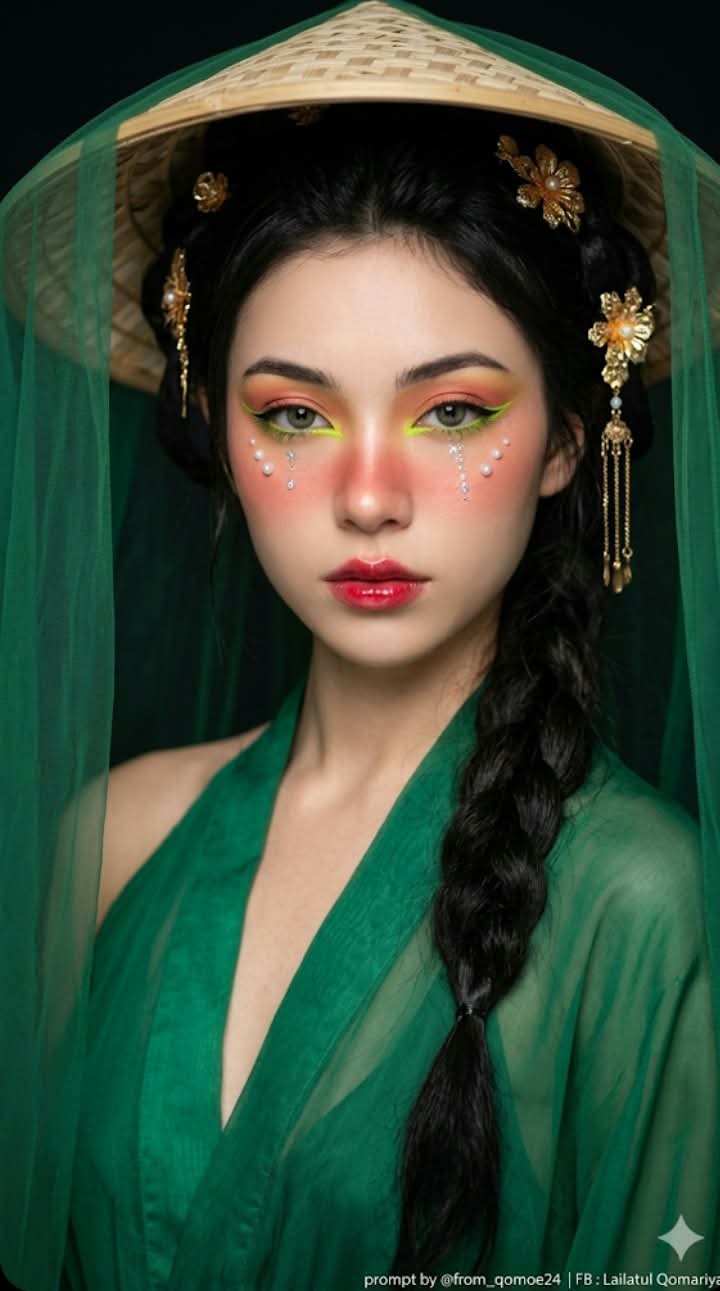 Emerald Avant-Garde Portrait with Bamboo Hat