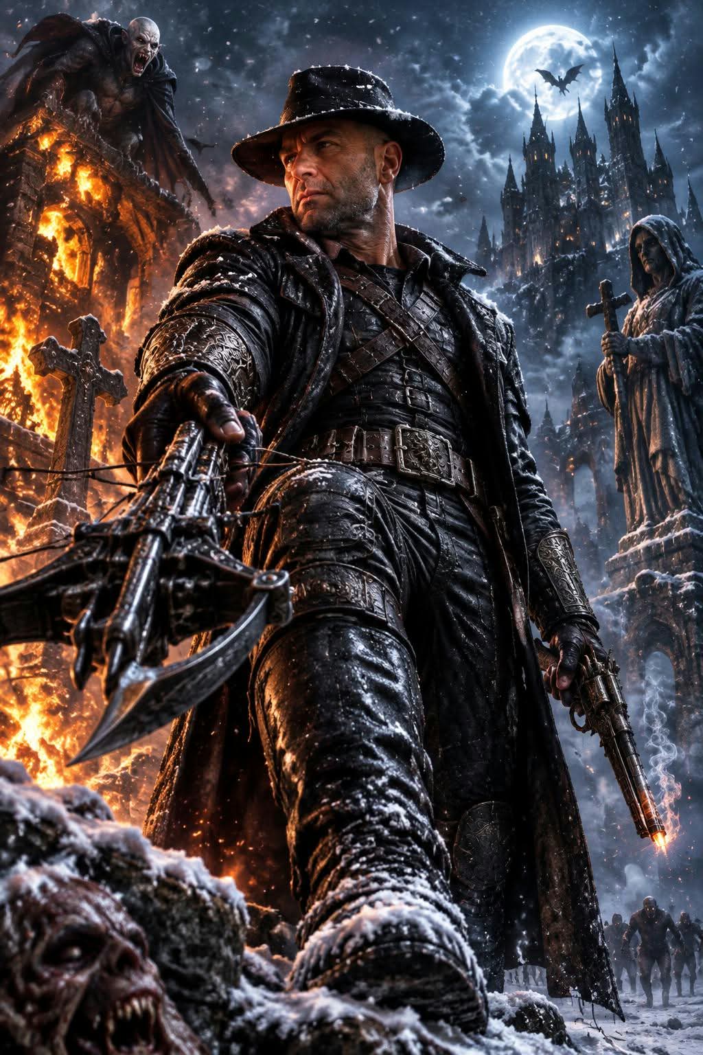 Gothic Snowstorm Hunter — Cinematic Blockbuster Still output 2