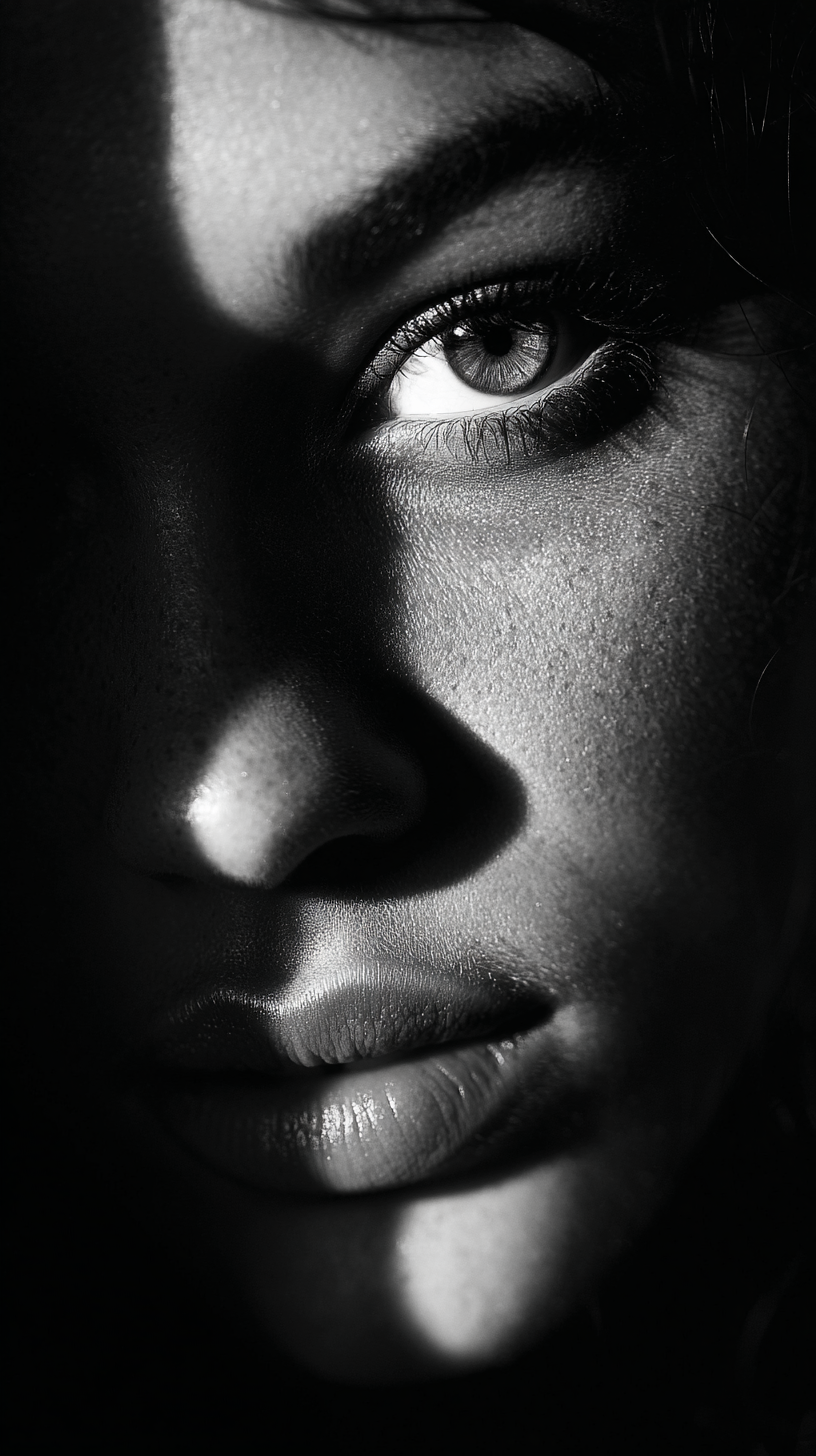 Moonlit Black-and-White Close-Up Portrait of a Woman output 1