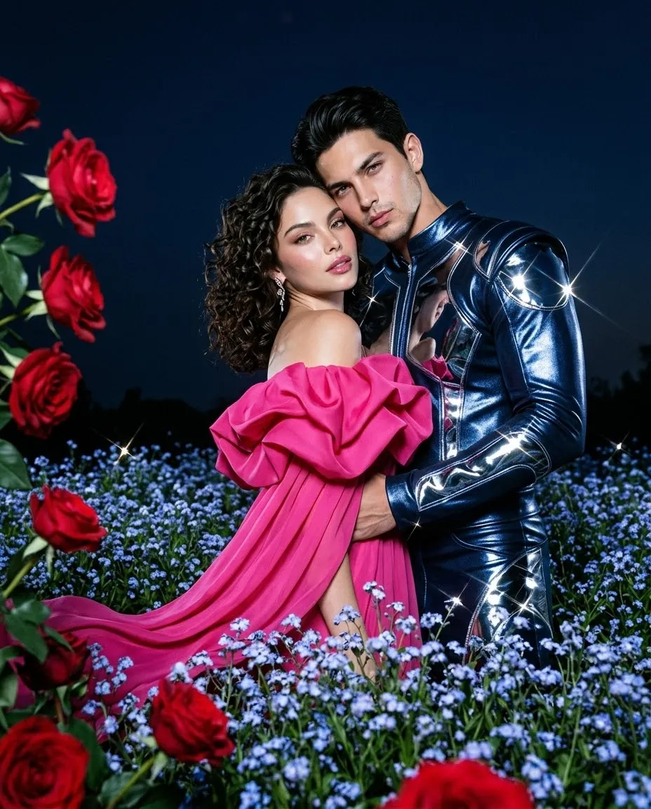 Blue Flower Field Couple Portrait with Vintage Flash output 1