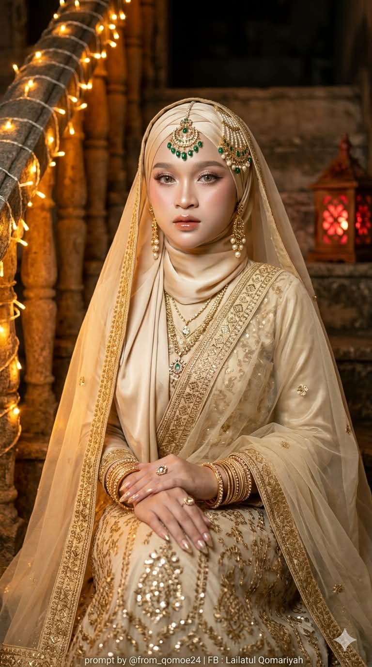 Golden Hijab Portrait on a Lantern-Lit Staircase