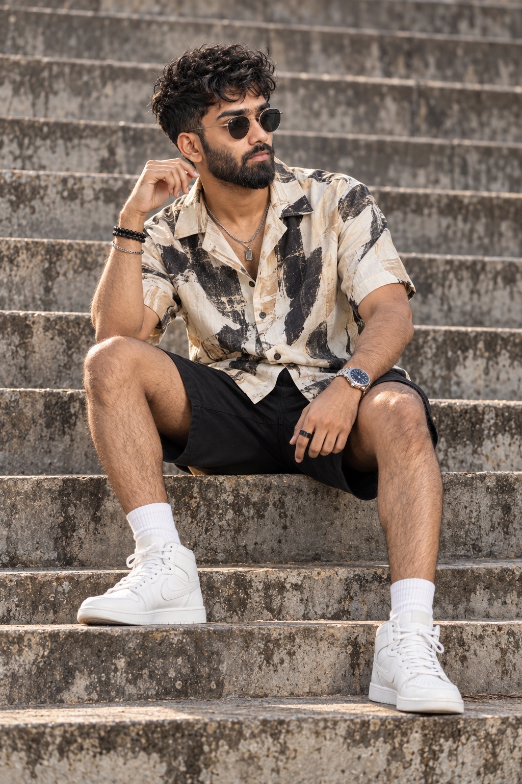 Sunlit Street-Style Portrait on Weathered Steps