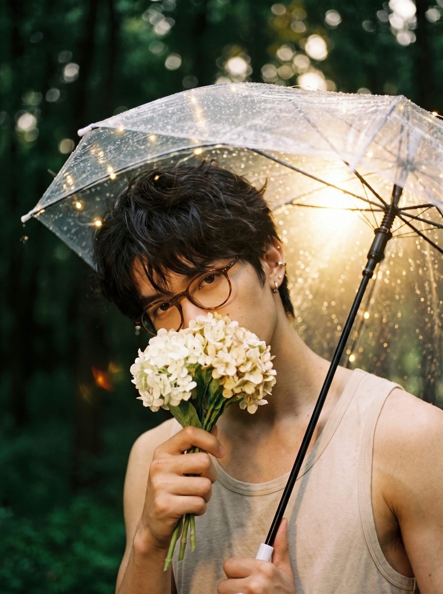 Rain-Soaked Golden-Hour Portrait with Flowers output 2