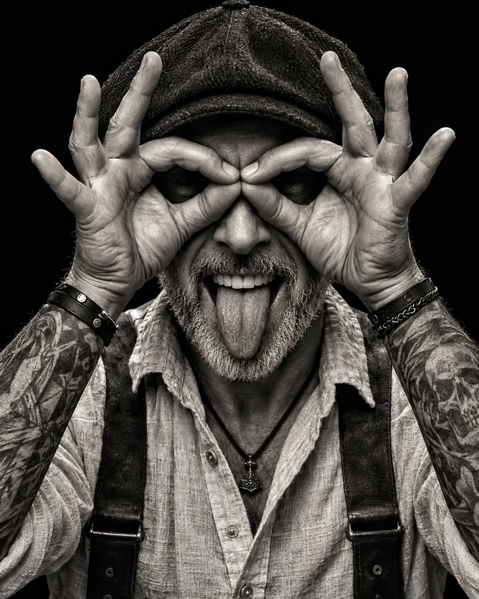 Playful Bearded Man in High-Contrast Black and White