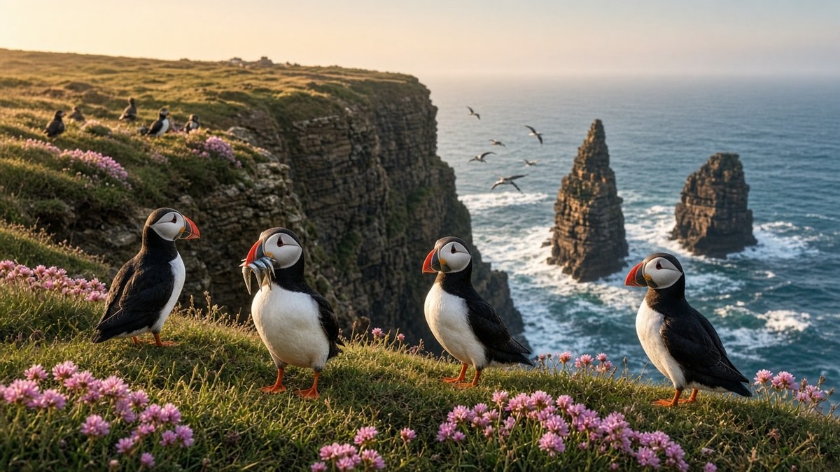 Photoreal Atlantic Puffin Colony on a Sea Cliff at Golden Hour