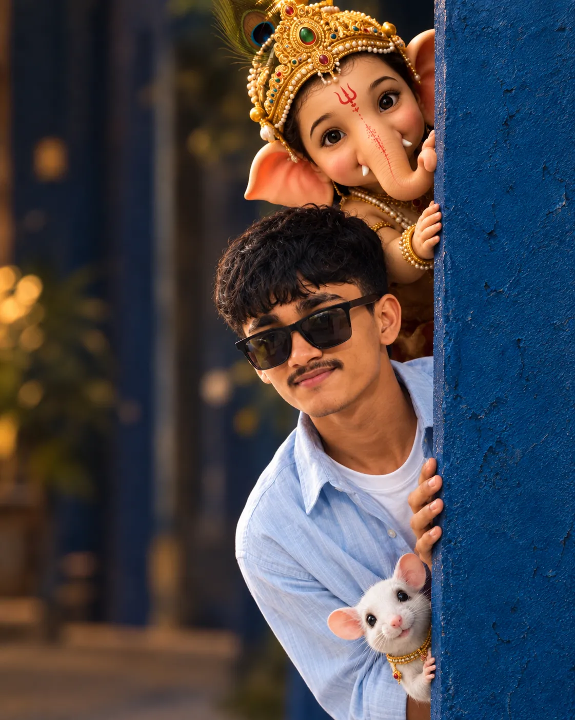 Man, Mouse, and Child Ganesha Peeking from a Blue Wall
