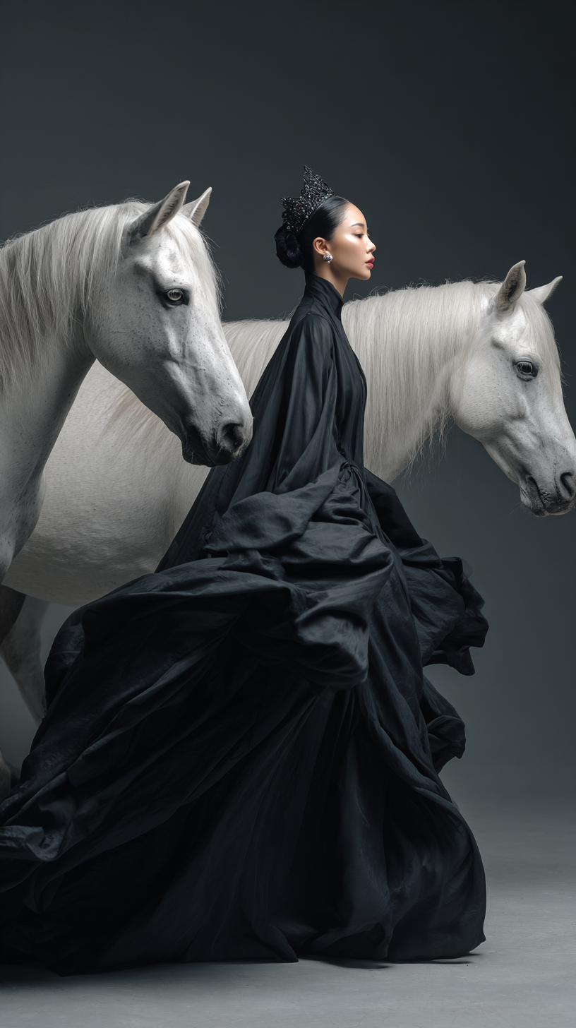 Cinematic High-Fashion Portrait of a Crowned Woman with White Horses