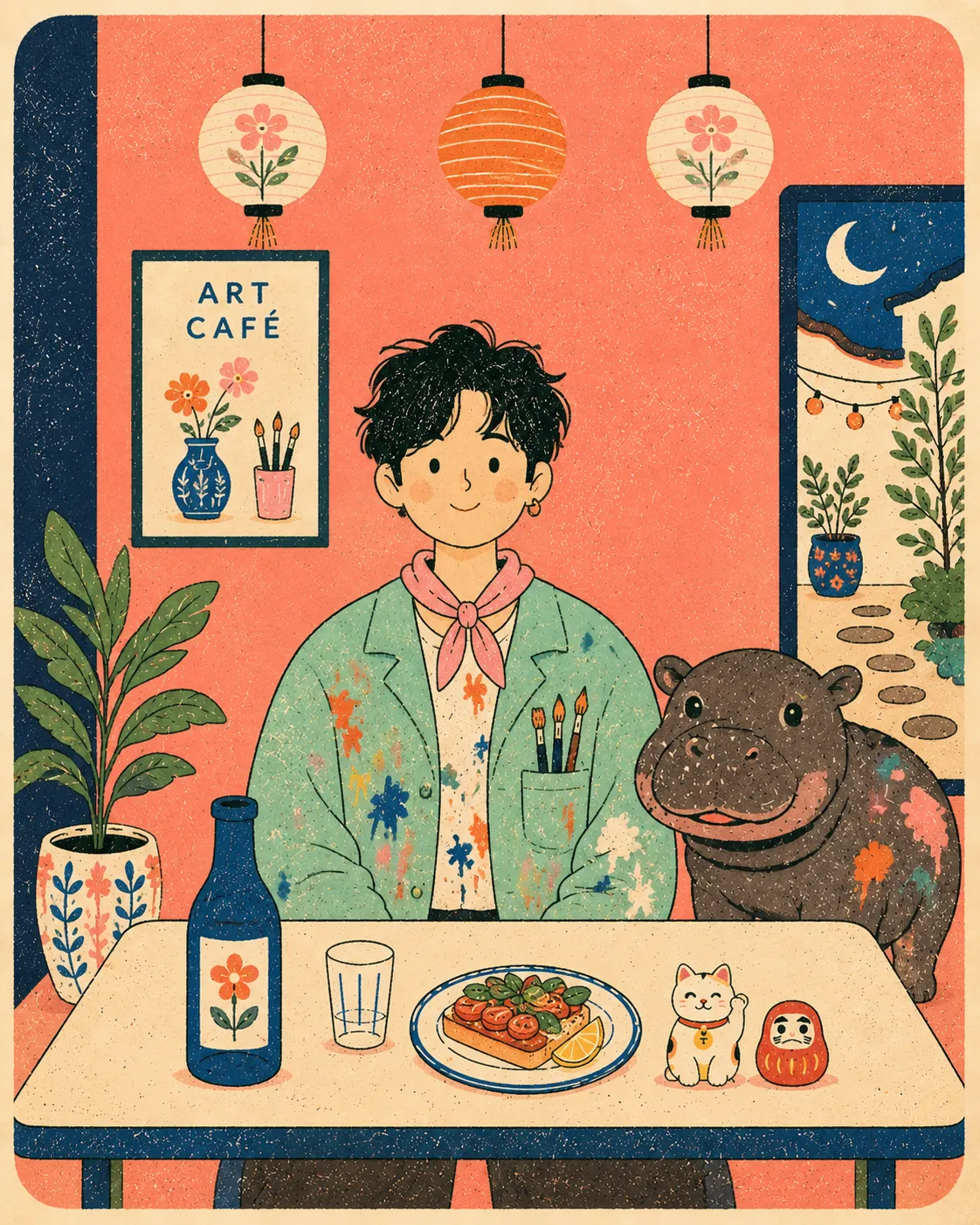 Risograph Café Poster with a Person and Animal output 7
