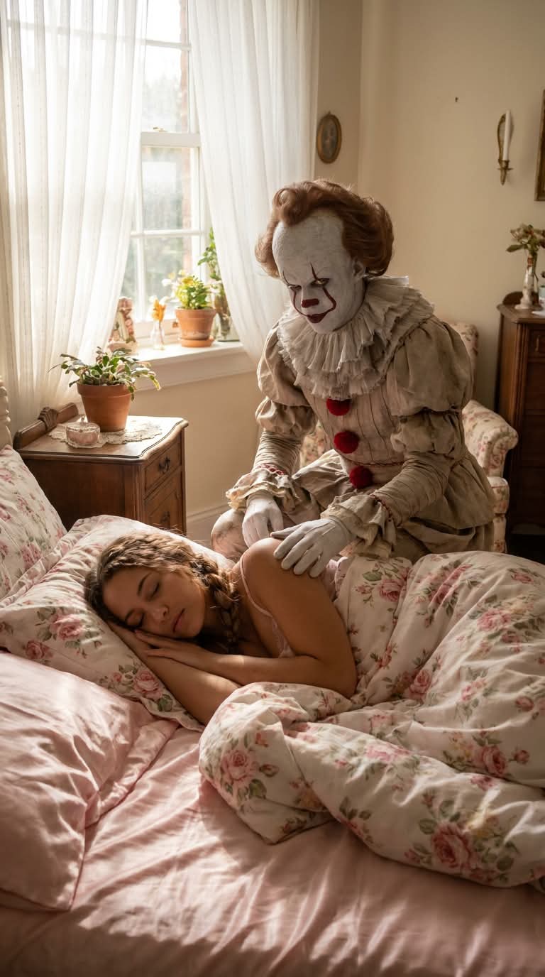 Pennywise Embraces a Sleeping Woman in a Cozy Bedroom output 1