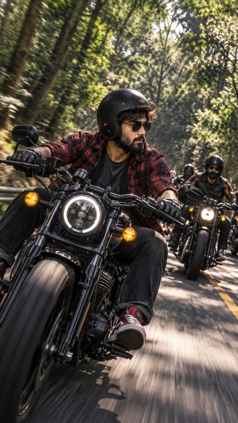 Forest Road Motorcycle Convoy Action Shot output 1