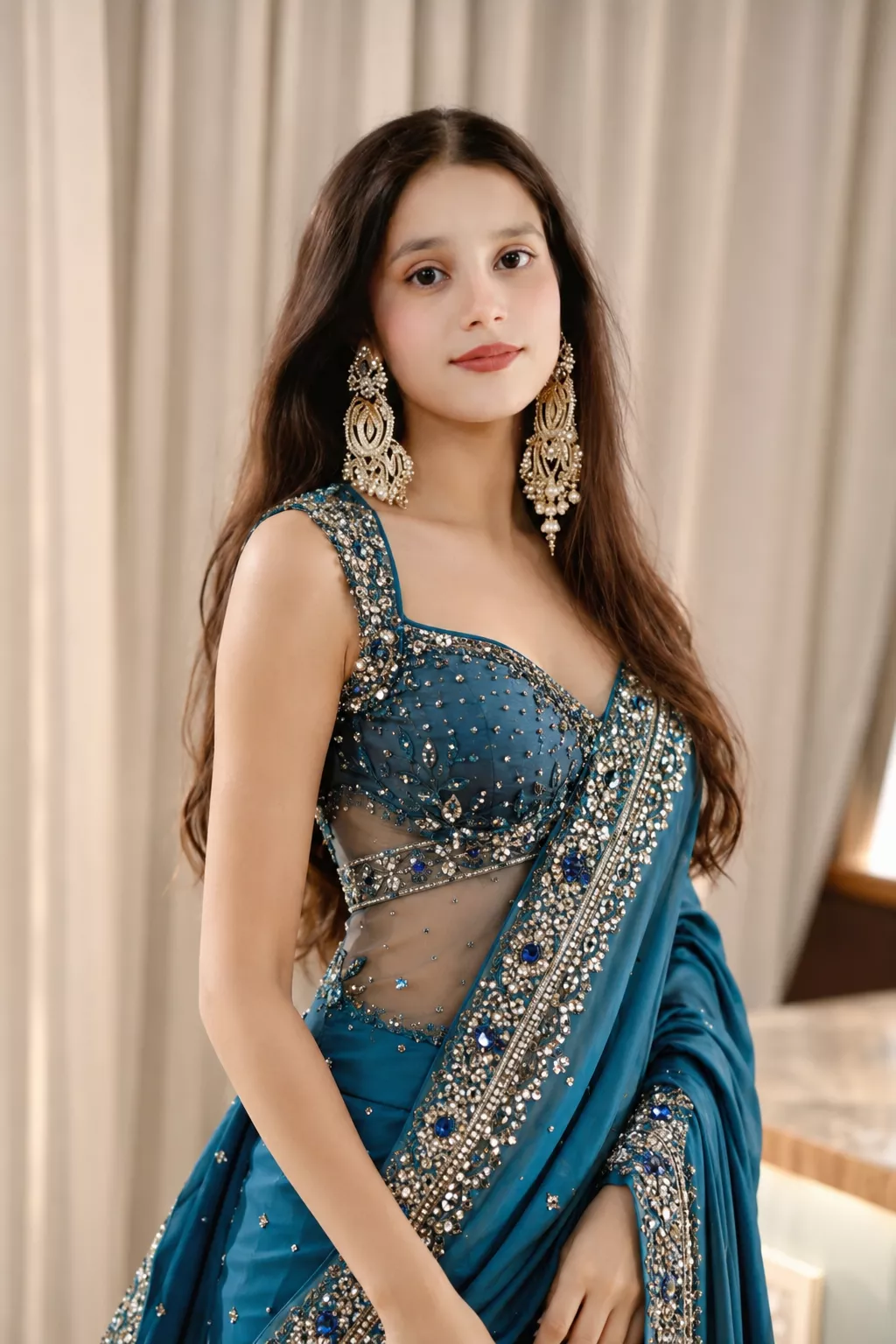 Ultra-Realistic Teal Couture Saree Portrait