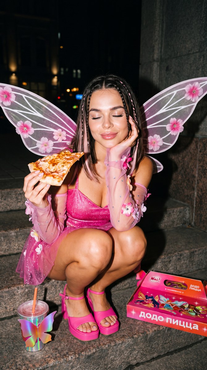 Photorealistic Flora Winx Pizza Cosplay at Night