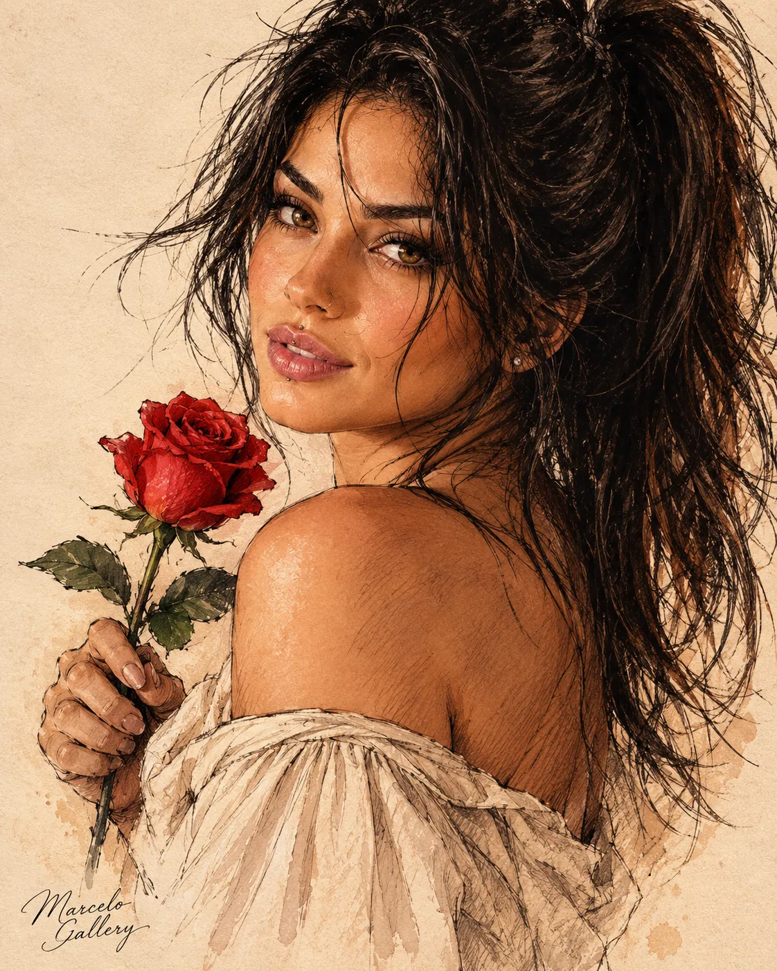 Romantic Anime Sketch Portrait with a Red Rose