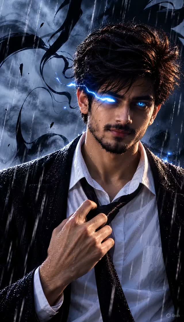 Rain-Soaked Young Man with Electric-Blue Eyes