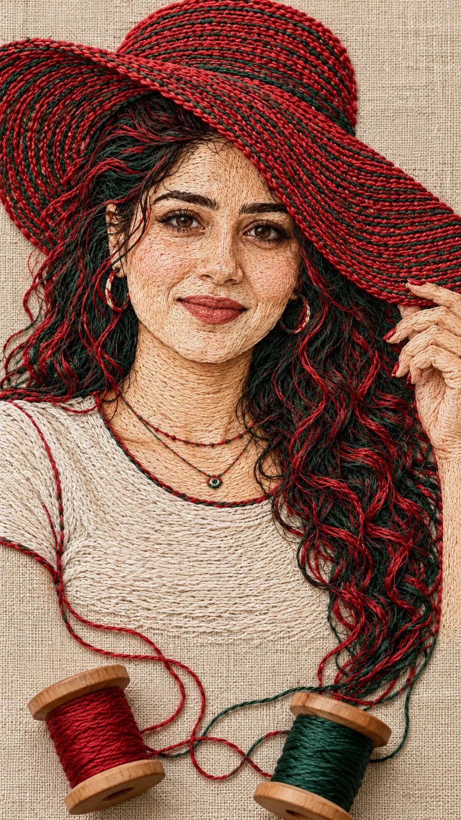 Red and Dark Green Thread Portrait on Linen output 3