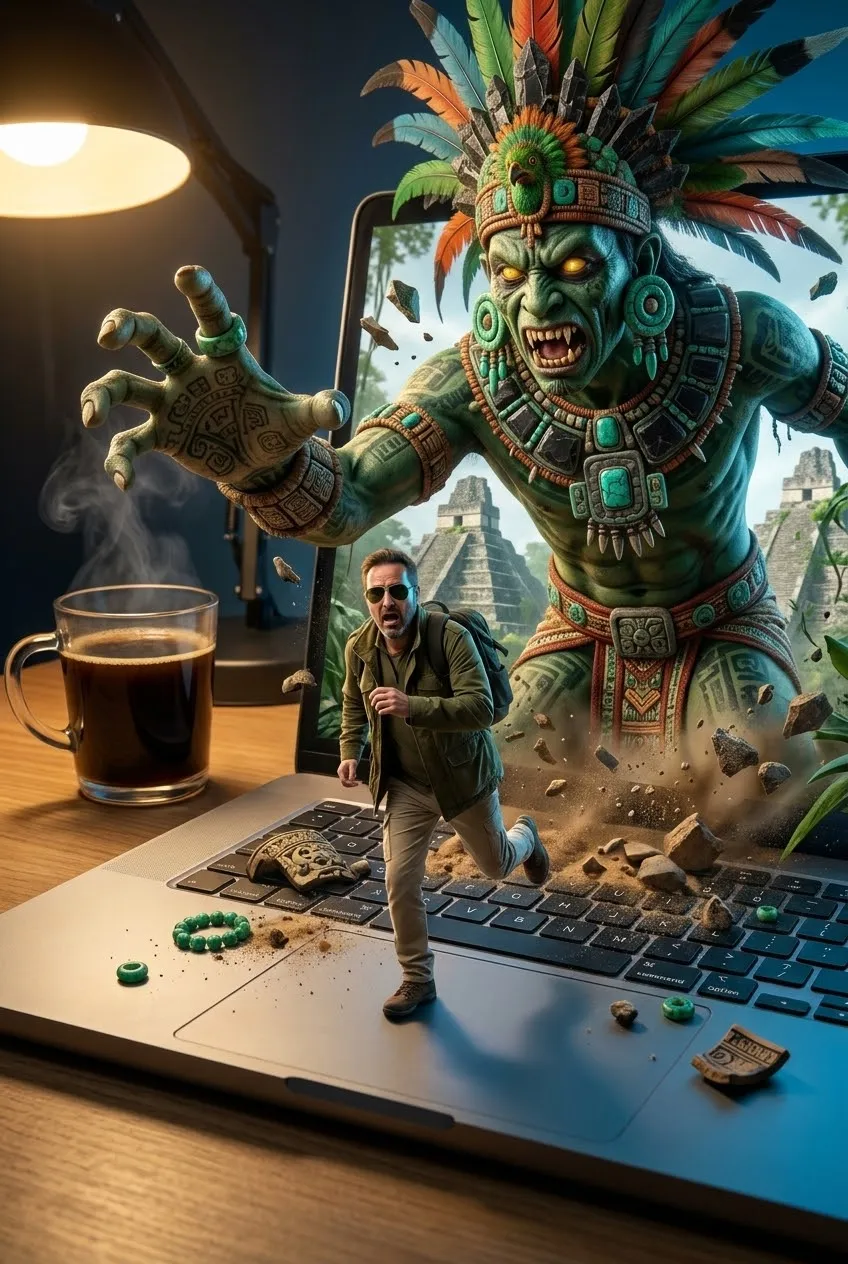 Tiny Man Fleeing an Egyptian Mummy on a Laptop