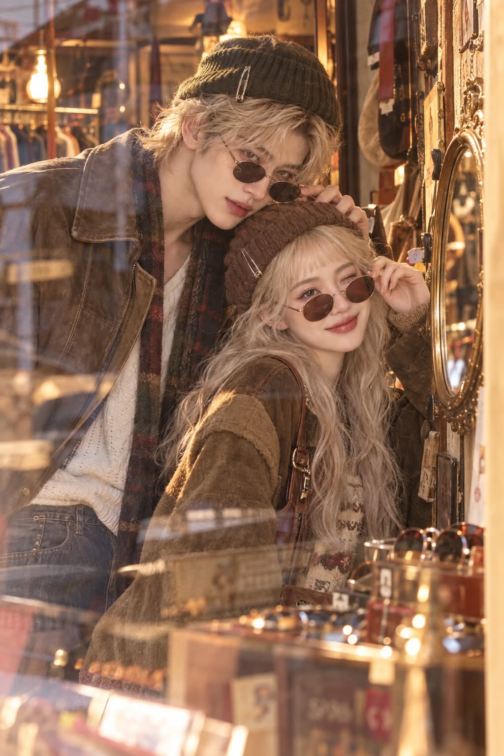 Golden-Hour Vintage-Shop Window Portrait