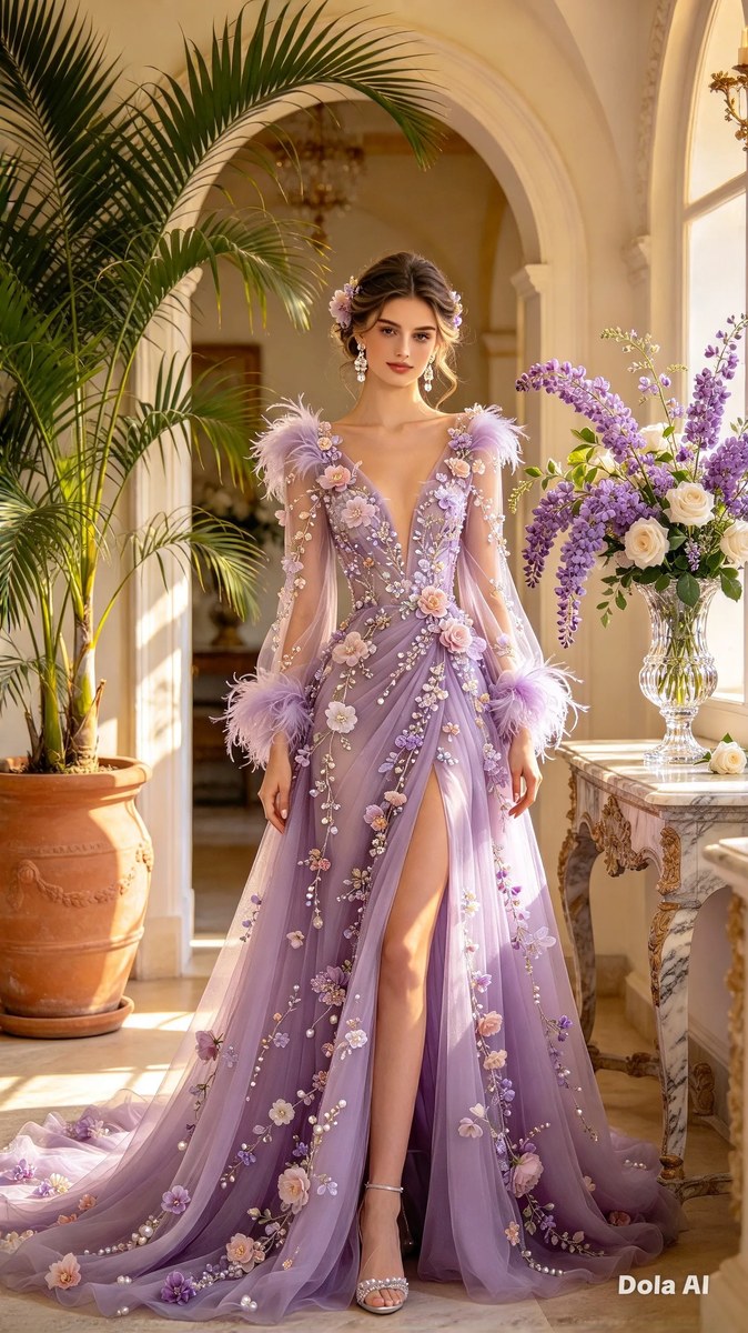 Photorealistic Lilac Gown in an Elegant Room output 3