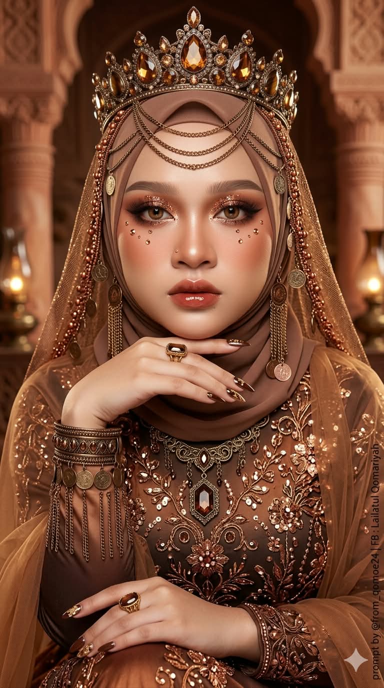 Warm Cinematic Hijab Portrait with Antique-Gold Finery output 2