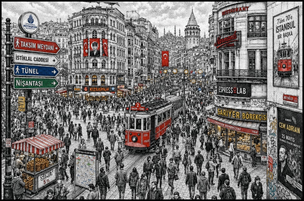 Intricate Stippling Illustration of Istanbul Street Scene