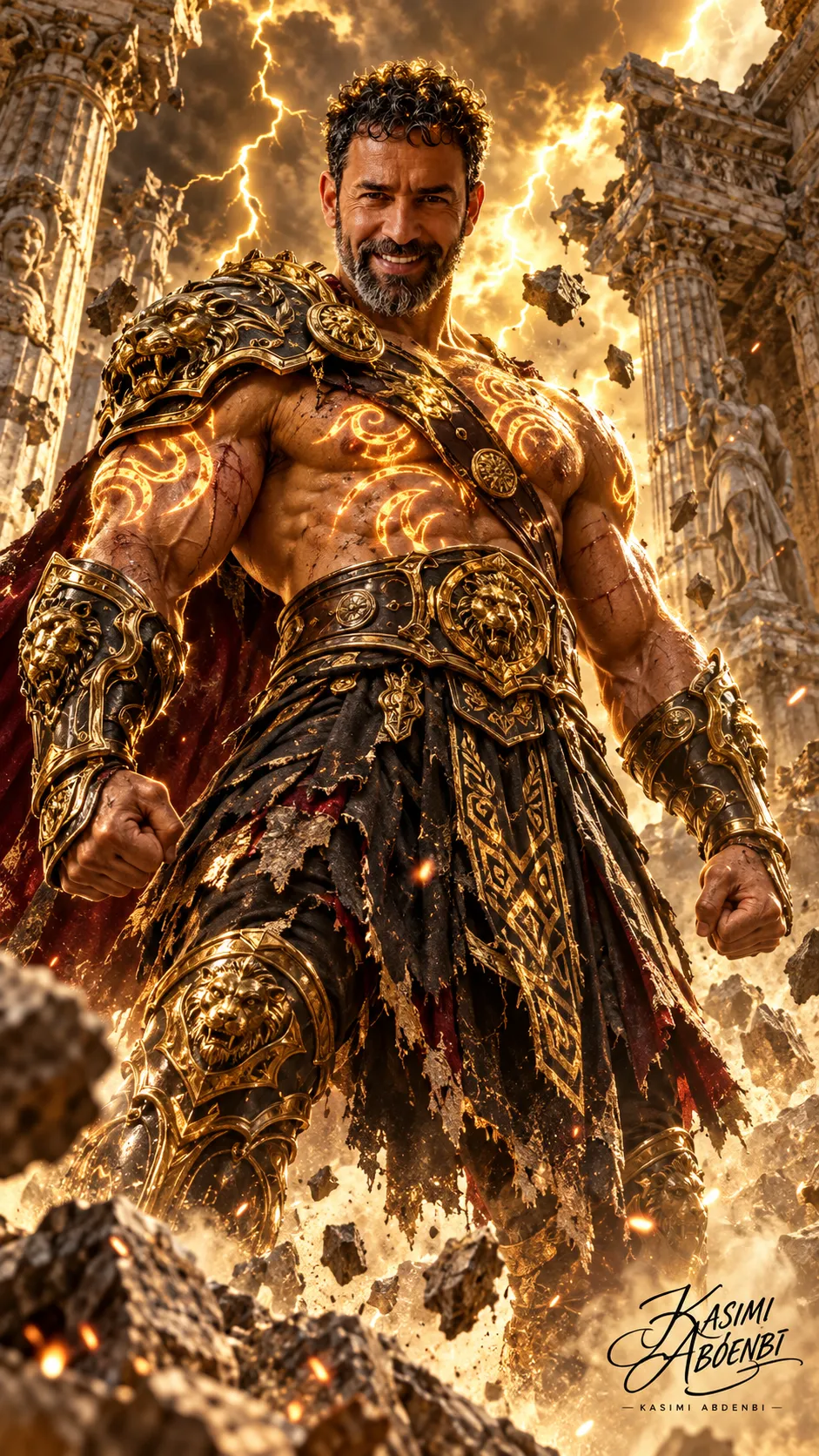 Cinematic God-Warrior in a Ruined Temple output 1