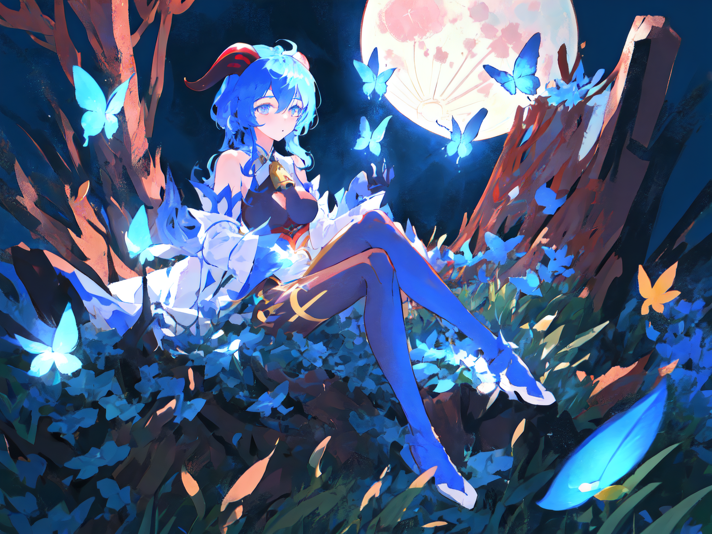 Illustration of Ganyu Sitting in Moonlit Grass
