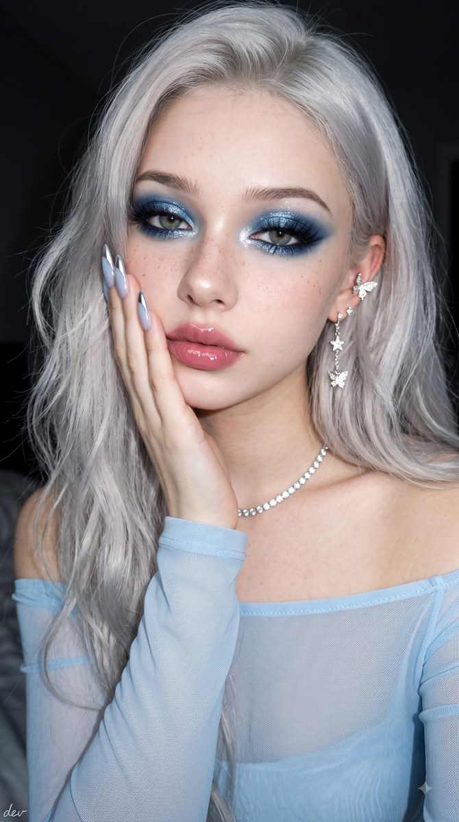 Silver-Haired Beauty Portrait with Chrome Nails