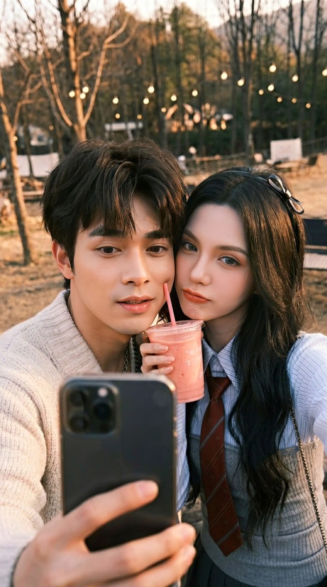 Golden-Hour Forest Café Couple Selfie output 8