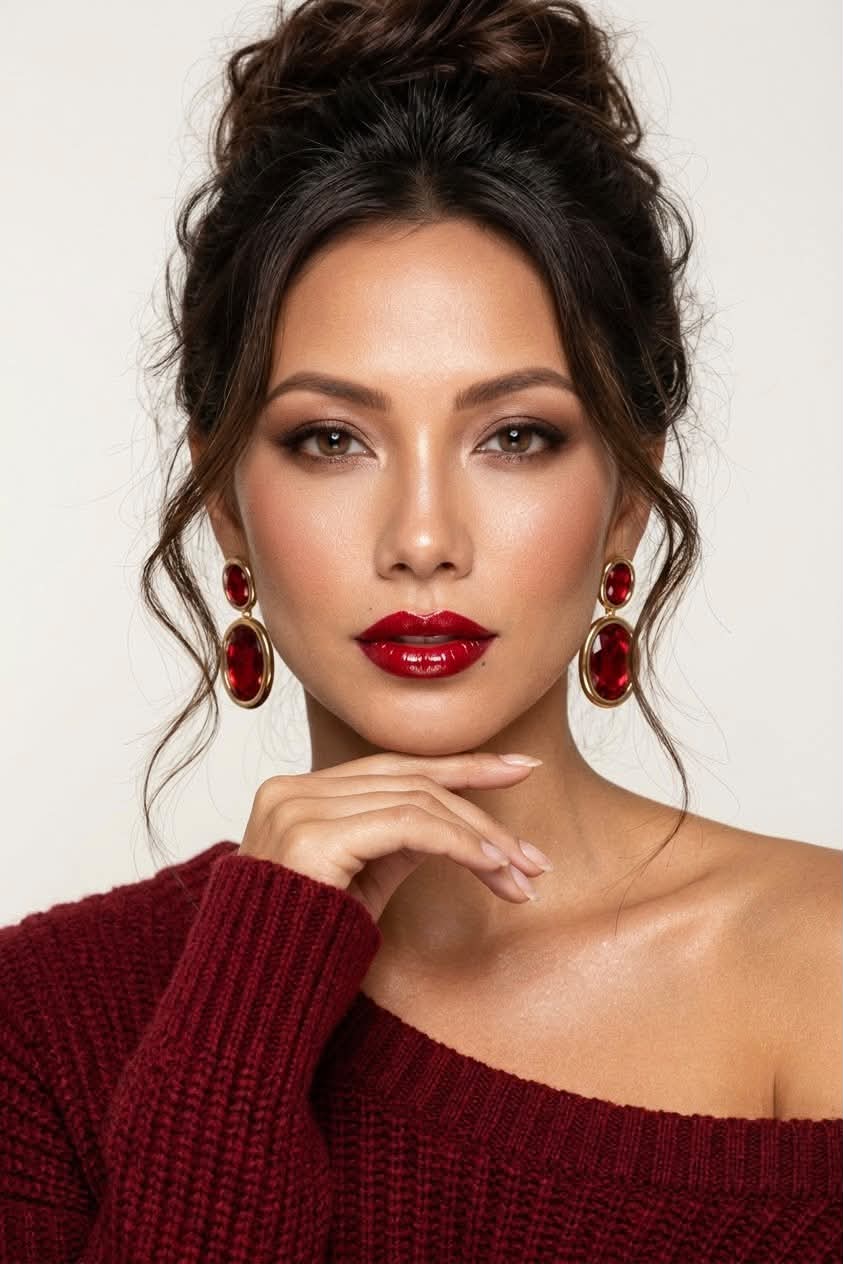 High-Fashion Portrait with a Red Gemstone Look