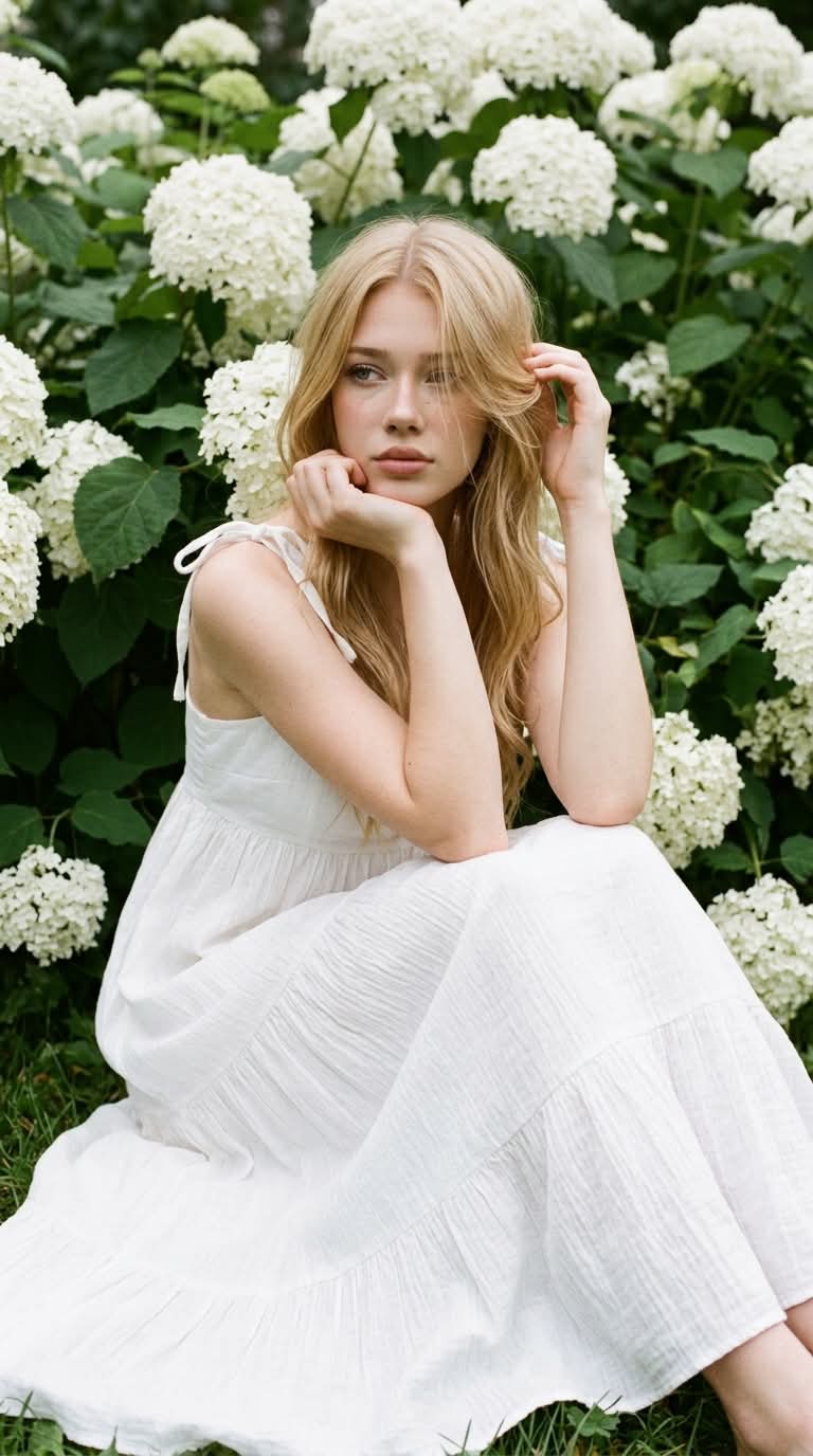 Photorealistic Portrait in a Hydrangea Garden