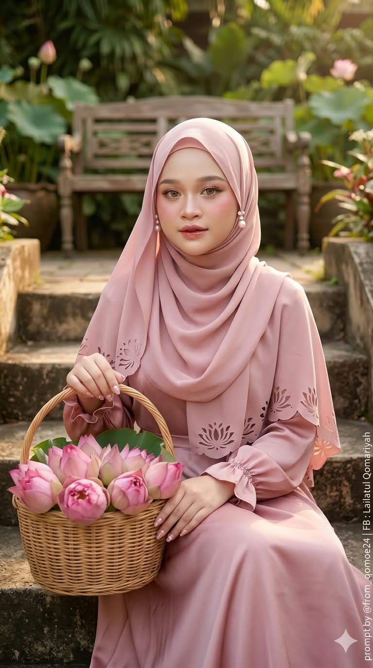 Golden-Hour Hijab Portrait with Lotus Flowers