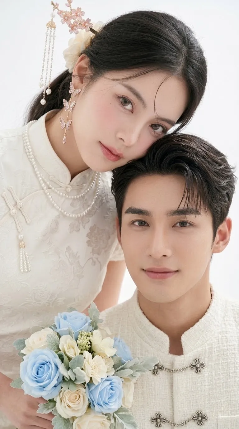Modern Oriental Wedding Couple in a High-Key Studio output 6