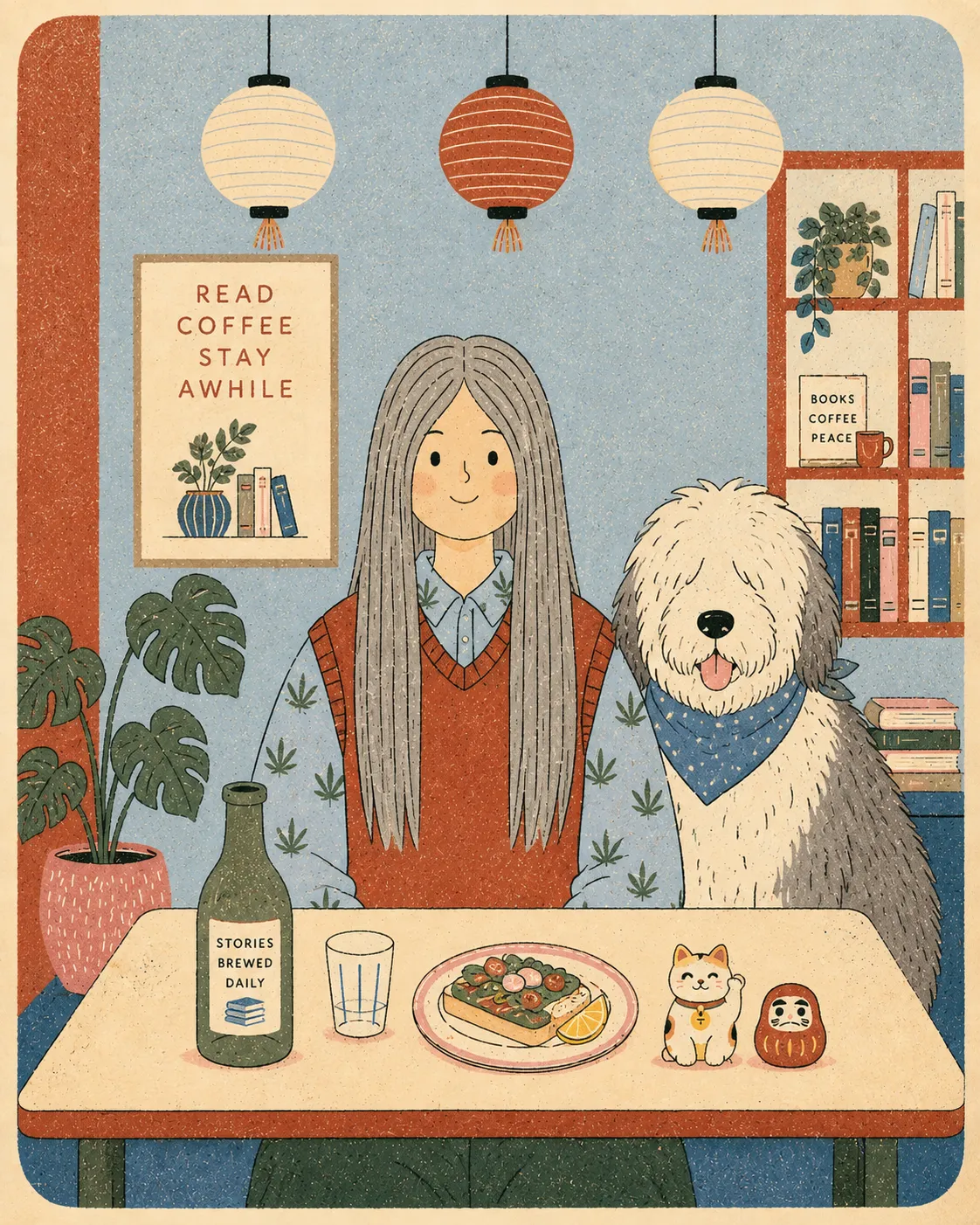 Risograph Café Poster with a Person and Animal output 6
