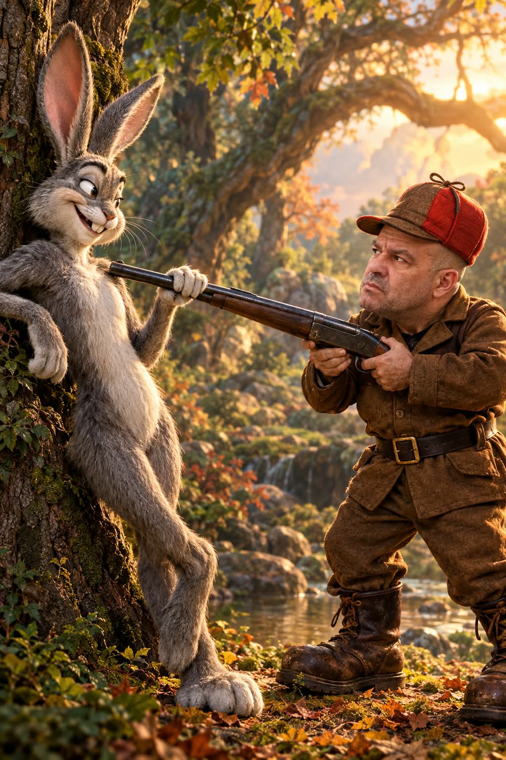 Photorealistic Rabbit and Hunter in a Magical Forest