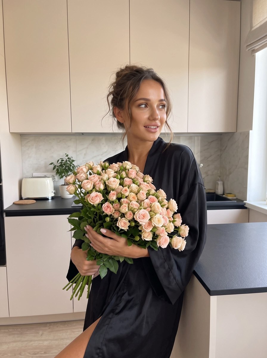 Candid Kitchen Portrait in a Black Silk Robe