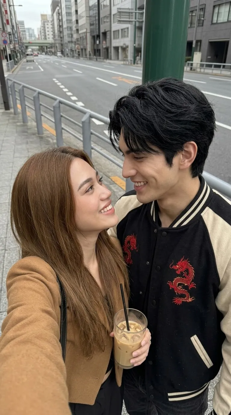 Candid City Couple Selfie with a Cheek Kiss