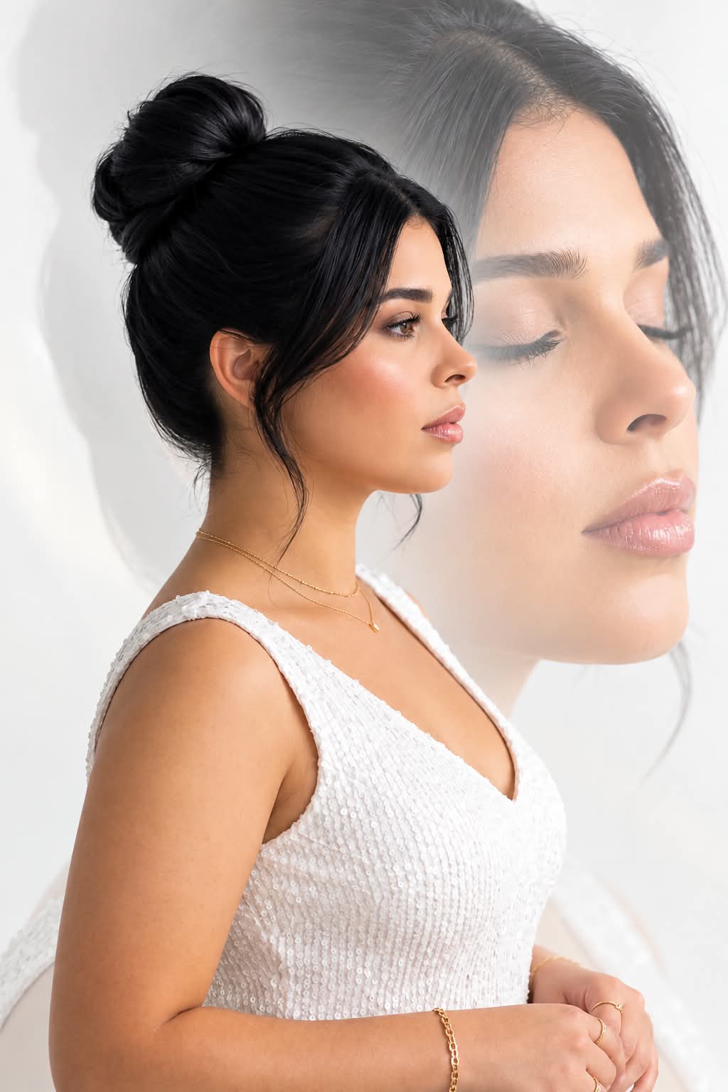 Double-Exposure Beauty Portrait in White and Gold output 1